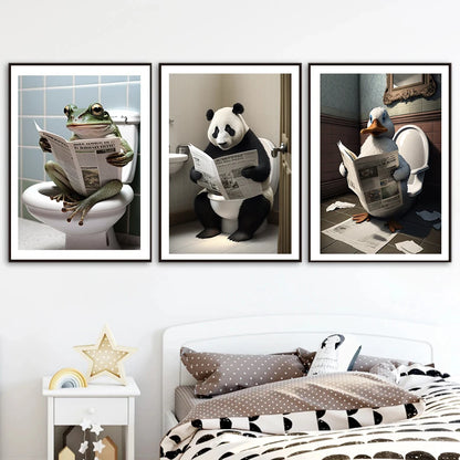 Funny Bathroom Humorous Animal Wall Decor Cow Bear Dog Tiger Sitting on Toilet Reading Newspaper Poster Art Print Canvas Painting - myfunfarm