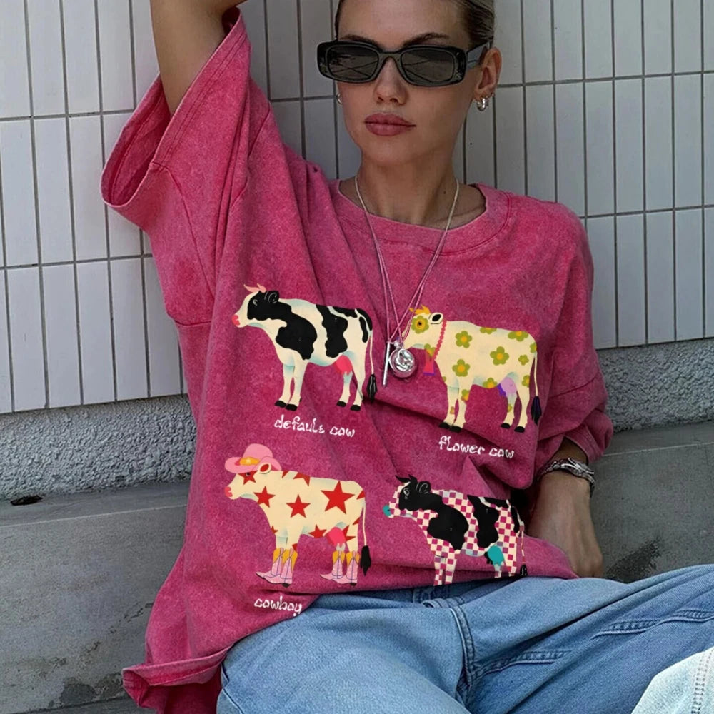 Cute Cartoon Cow Print T-Shirt Pure Cotton Washed - myfunfarm