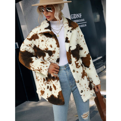 Women's Clothing Cow Pattern Plush Lamb Plush Sweater Jacket Cardigan Sweater Jacket Woman  casacos de inverno feminino