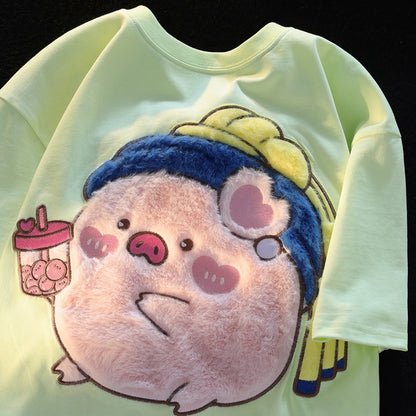 Cute Little Pig Plush Embroidered Short Sleeve Women's T-shirt