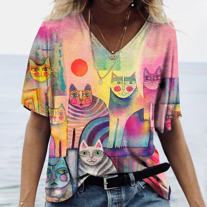 Cartoon Cats Print Women T-Shirt - myfunfarm