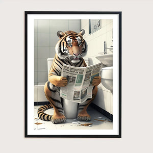 Funny Bathroom Humorous Animal Wall Decor Cow Bear Dog Tiger Sitting on Toilet Reading Newspaper Poster Art Print Canvas Painting