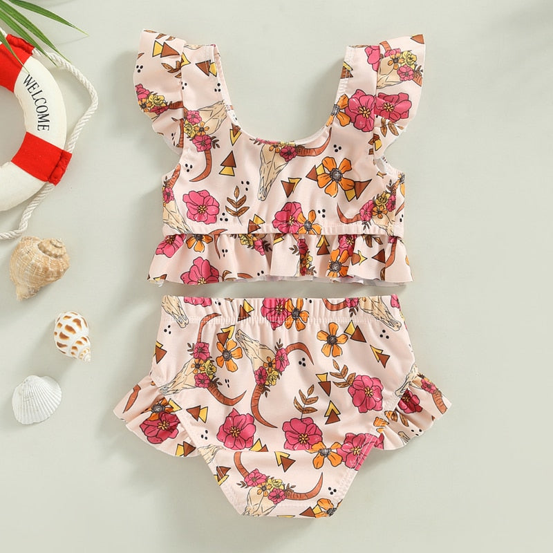 Toddler Kids Baby Girl Swimsuits 6M-3Y Floral/Cattle Print Ruffles Short Sleeve Crop Tops+Shorts Bathing Suits Beachwear - myfunfarm