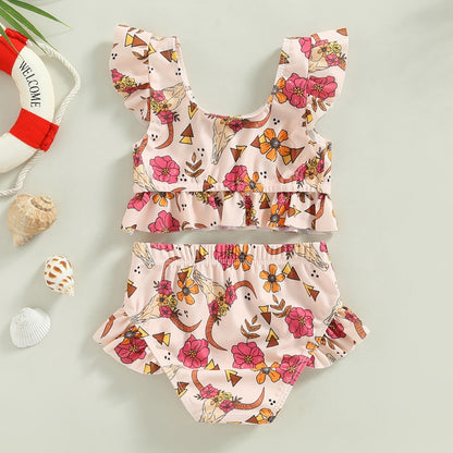 Toddler Kids Baby Girl Swimsuits 6M-3Y Floral/Cattle Print Ruffles Short Sleeve Crop Tops+Shorts Bathing Suits Beachwear - myfunfarm