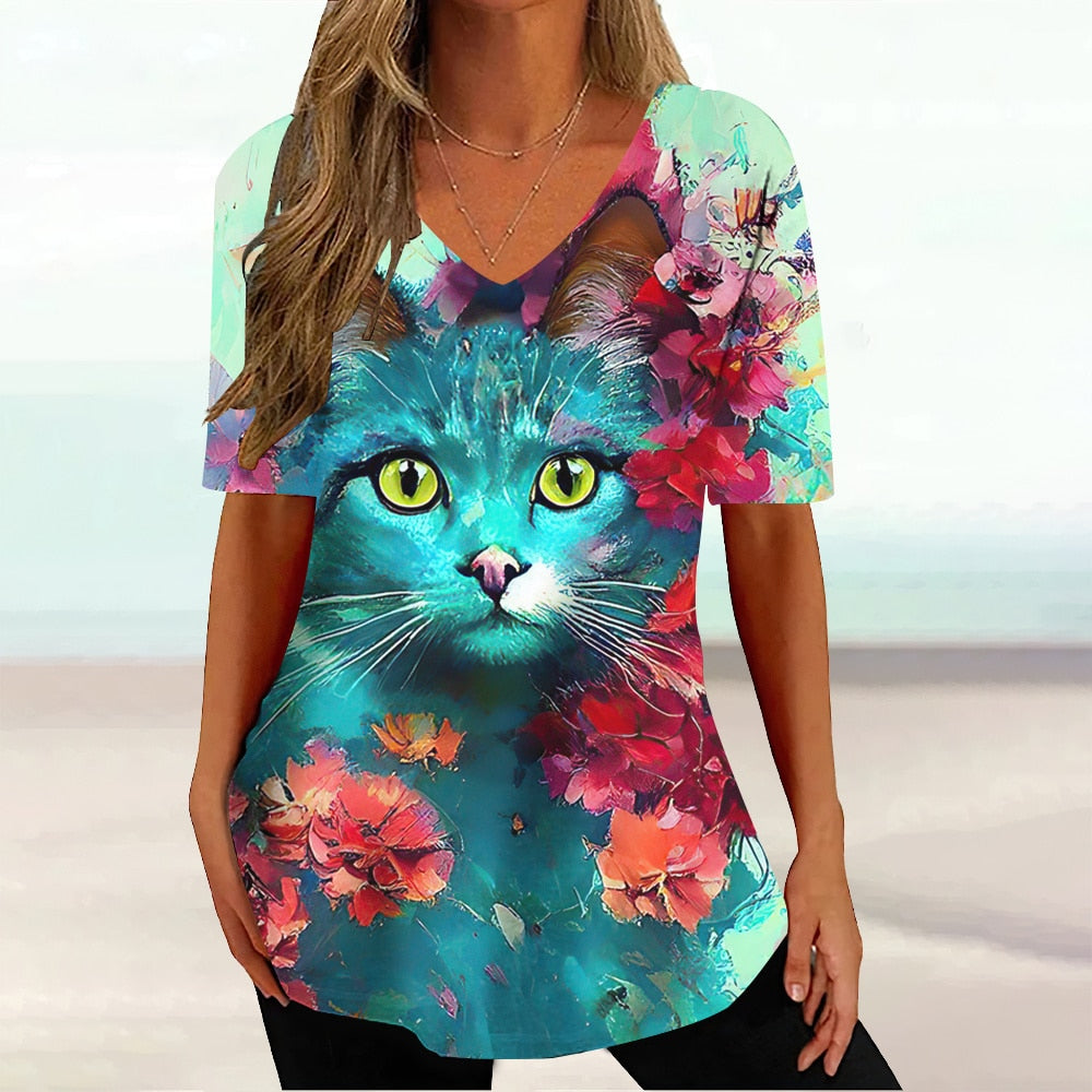 Colourful Cat painting print Tie-dye Graphic  V-Neck  Female Tees - myfunfarm