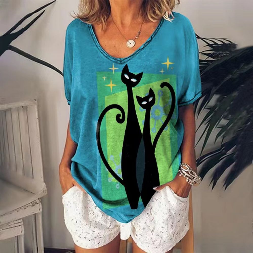 T-Shirt Cat Graphic V-neck Short Sleeve Tees Female - myfunfarm