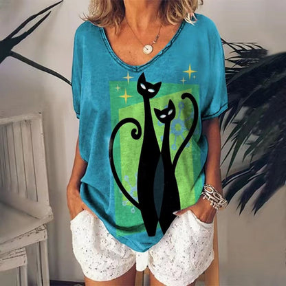 T-Shirt Cat Graphic V-neck Short Sleeve Tees Female - myfunfarm