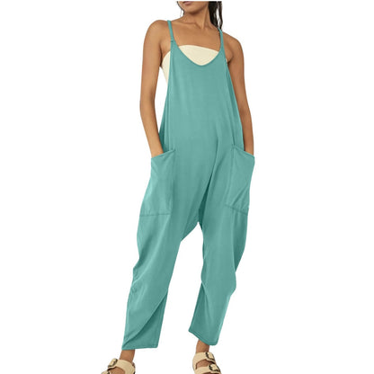 Women Casual Jumpsuit Summer Solid Loose Wide Leg Pants Bib Overall Pocket - myfunfarm