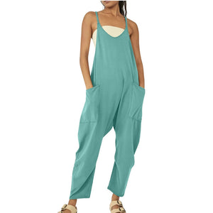 Women Casual Jumpsuit Summer Solid Loose Wide Leg Pants Bib Overall Pocket