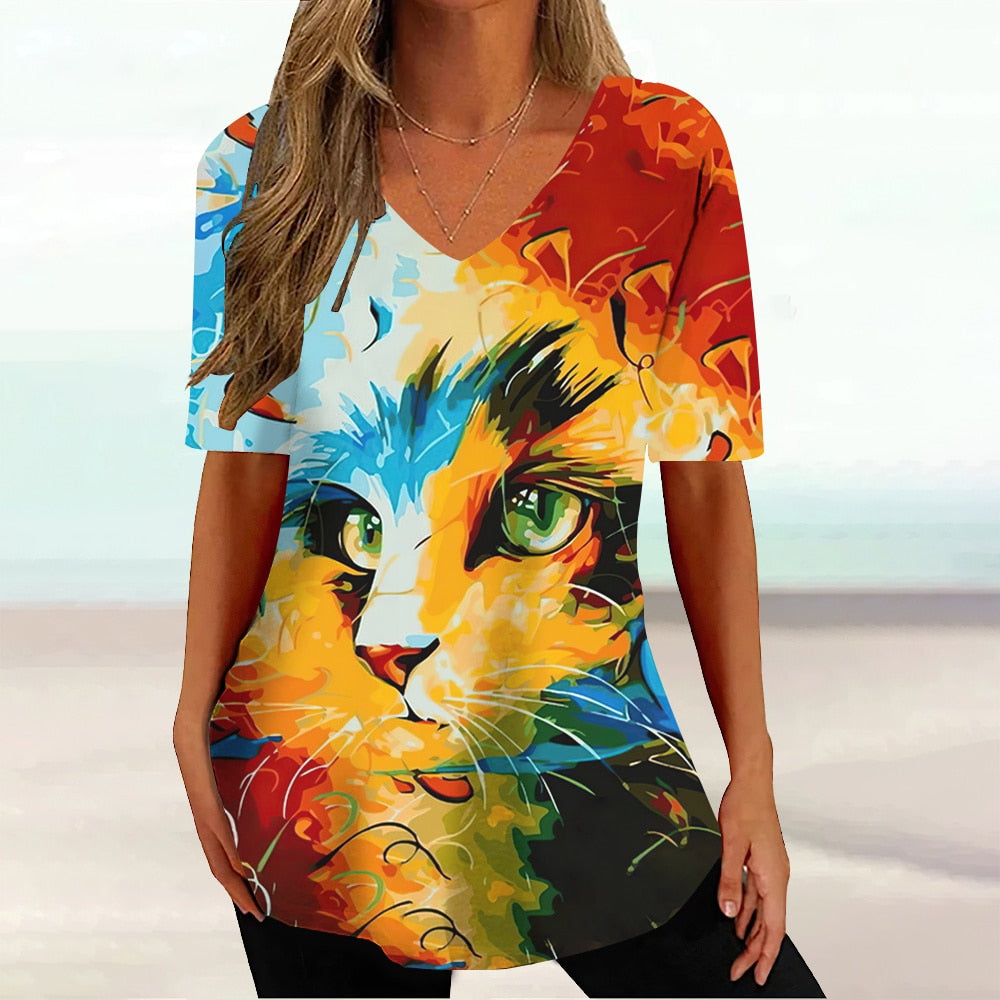 Colourful Cat painting print Tie-dye Graphic  V-Neck  Female Tees