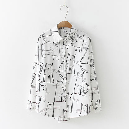 Vintage Women Long Sleeve Shirts Cute Cat Pattern Casual Blosues Ladies