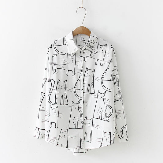 Vintage Women Long Sleeve Shirts Cute Cat Pattern Casual Blosues Ladies