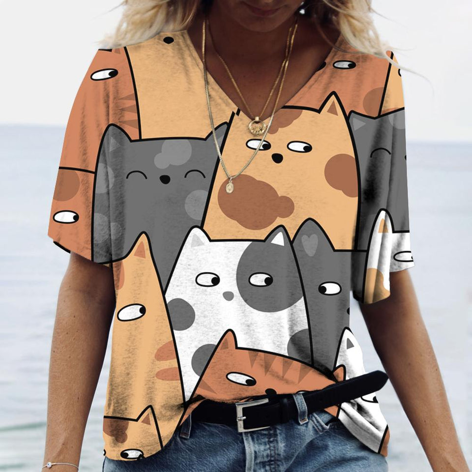 Cartoon Cats Print Women T-Shirt