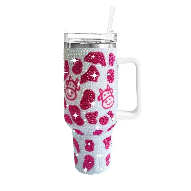 40oz Cow pattern Diamond Tumbler With Handle Insulated  Stainless Steel Coffee