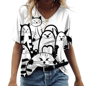 Cartoon Cats Print Women T-Shirt