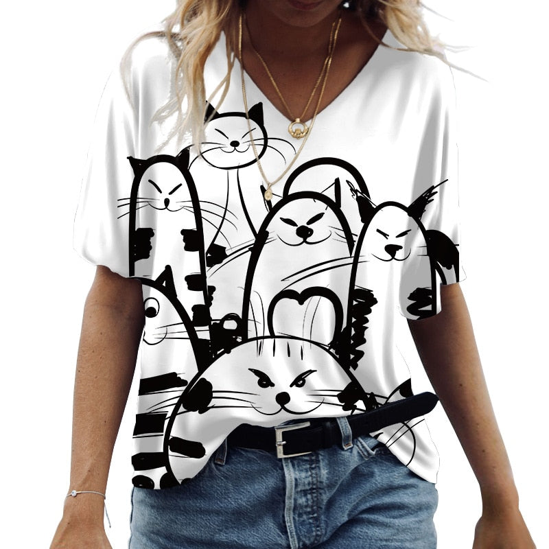 Cartoon Cats Print Women T-Shirt - myfunfarm