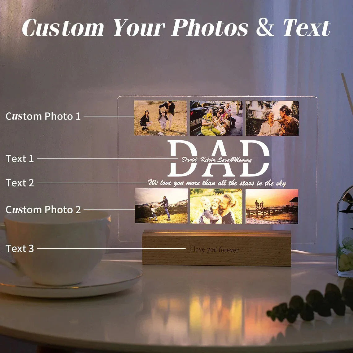 Personalized Custom Photo and Names, 3D Acrylic Lamp Customized Bedroom NightLight for MOM DAD LOVE Family Day Christmas Birthday Gift - myfunfarm