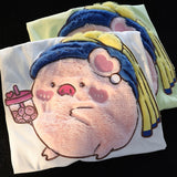 Cute Little Pig Plush Embroidered Short Sleeve Women's T-shirt