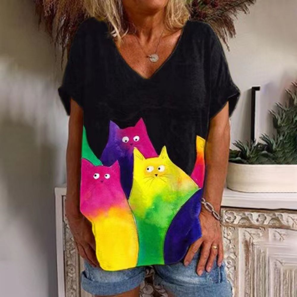 T-Shirt Cat Graphic V-neck Short Sleeve Tees Female - myfunfarm