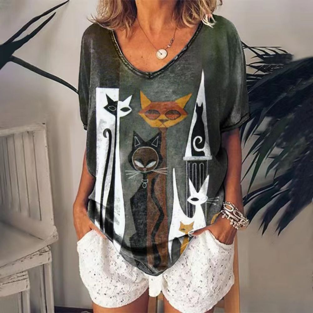 T-Shirt Cat Graphic V-neck Short Sleeve Tees Female - myfunfarm