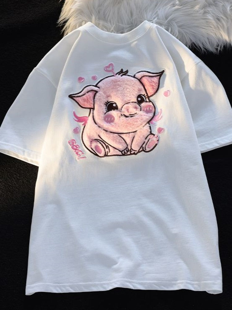 Adorable Pink Pig Plush Embroidered Short Sleeve Women's T-Shirt - myfunfarm