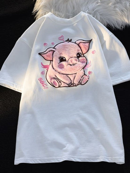 Adorable Pink Pig Plush Embroidered Short Sleeve Women's T-Shirt - myfunfarm
