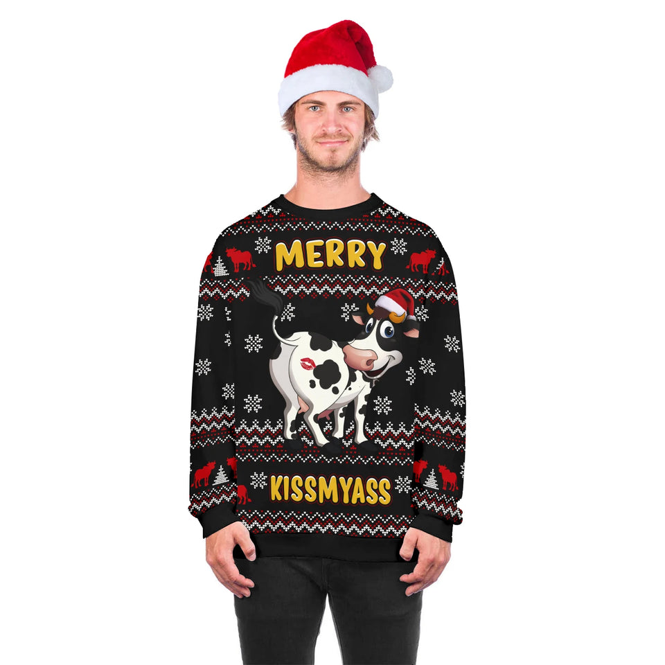 Funny Cow Merry KissMYASS  Sweaters Unisex Holiday Party Xmas Sweatshirts