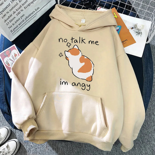 No Talk Me Cute Angry Cute Cat Print Soft HoodieOversize Fleece Women
