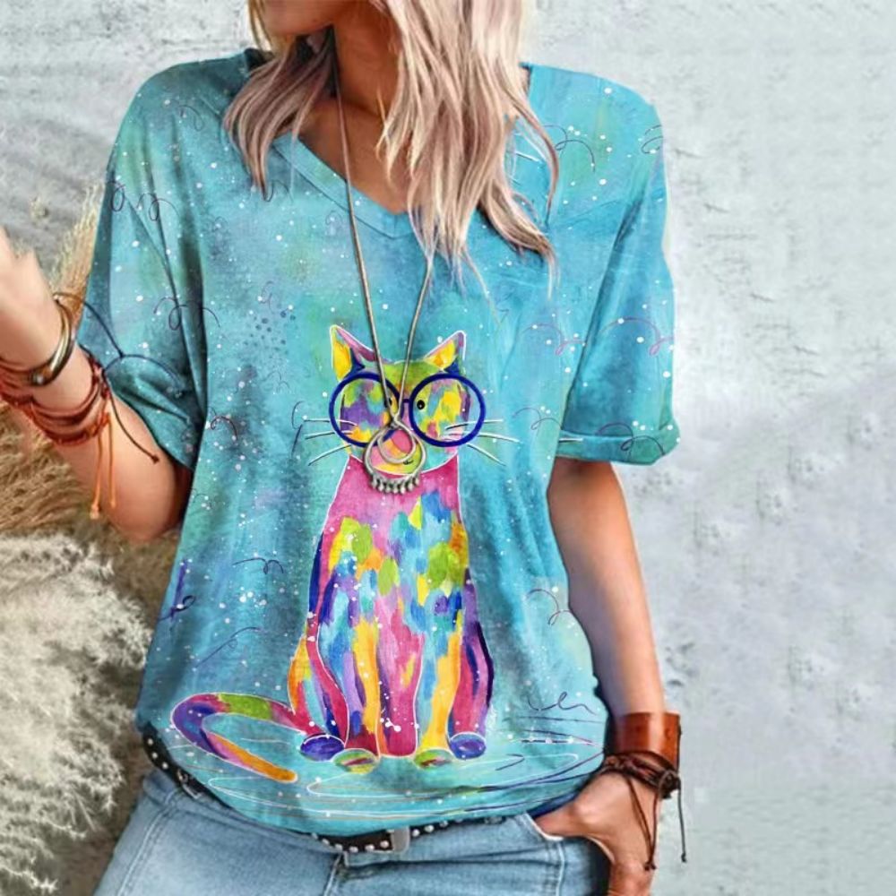 T-Shirt Cat Graphic V-neck Short Sleeve Tees Female - myfunfarm