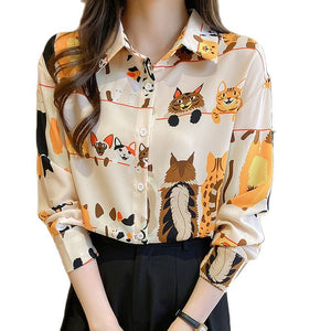 Cute cat pattern printing Long sleeve blouses  for women
