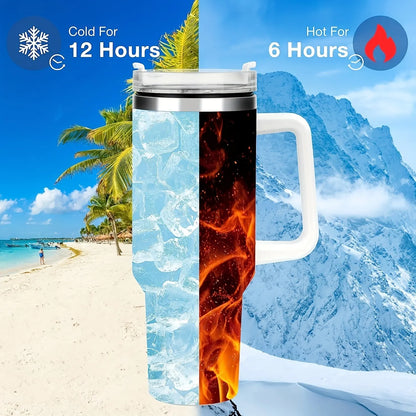 1Pc 40oz Cow Print Insulated Tumbler With Lid And Straw,Stainless Steel Coffee Tumbler with Handle,Double Vacuum Leak Proof Mug