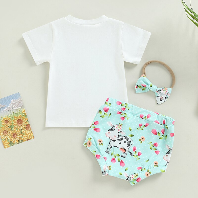 Summer Toddler Newborn Bbay Boys Girls Clothes Sets Cattle Print Short Sleeve Cotton T-shirts+Shorts+Headband Outfits