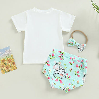 Summer Toddler Newborn Bbay Boys Girls Clothes Sets Cattle Print Short Sleeve Cotton T-shirts+Shorts+Headband Outfits