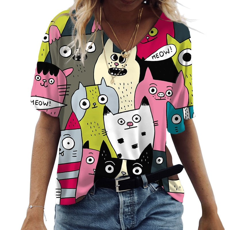 Cartoon Cats Print Women T-Shirt - myfunfarm