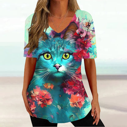 Colourful Cat painting print Tie-dye Graphic  V-Neck  Female Tees - myfunfarm