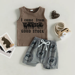 Summer Kids Boys Clothing Sets Letter Sleeveless Tanks Tops+Cattle Cactus Boots Print Shorts Outfits