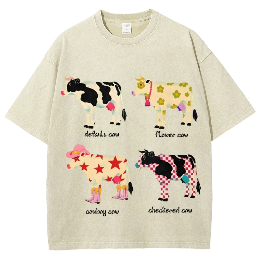 Cute Cartoon Cow Print T-Shirt Pure Cotton Washed - myfunfarm