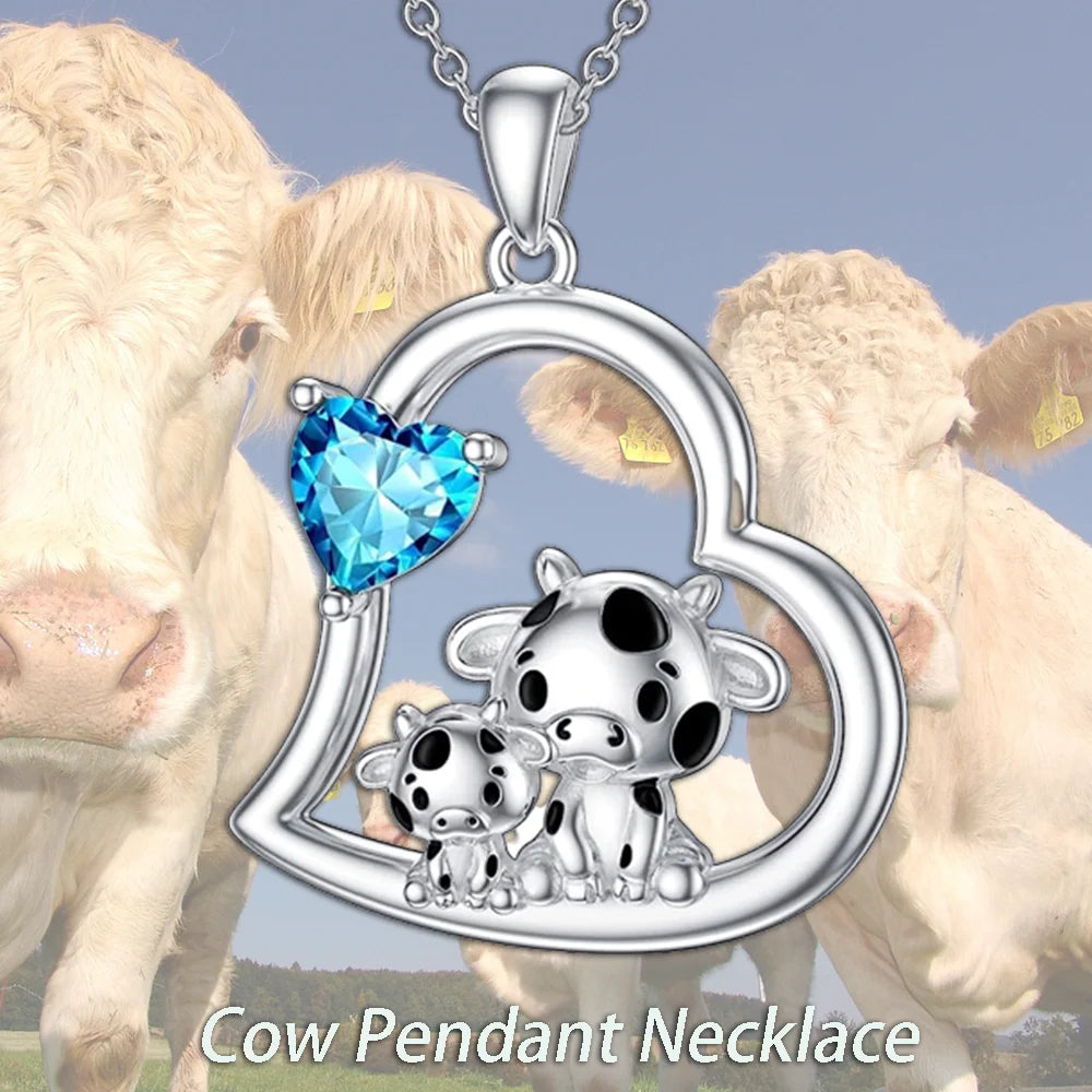 Cute Fashion Cow Love Rhinestone Heart Pendant Necklace - myfunfarm