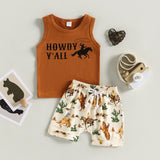 Summer Kids Boys Clothing Sets Letter Sleeveless Tanks Tops+Cattle Cactus Boots Print Shorts Outfits