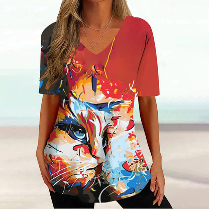 Colourful Cat painting print Tie-dye Graphic  V-Neck  Female Tees