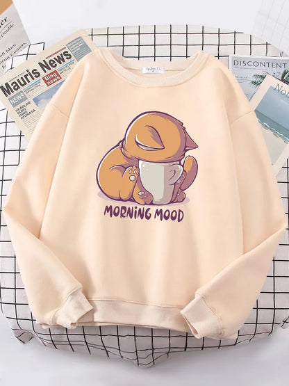 Morning Mood Cat Is Looking At The Cup Lovely Sweatshirt Female Oversize - myfunfarm