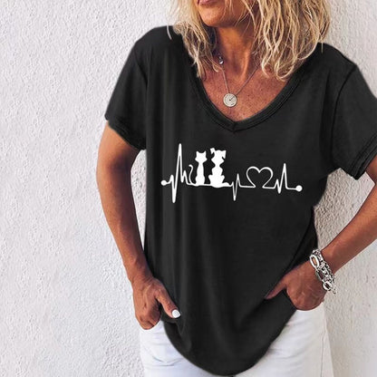 T-Shirt Cat Graphic V-neck Short Sleeve Tees Female
