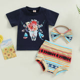 Summer Toddler Newborn Bbay Boys Girls Clothes Sets Cattle Print Short Sleeve Cotton T-shirts+Shorts+Headband Outfits