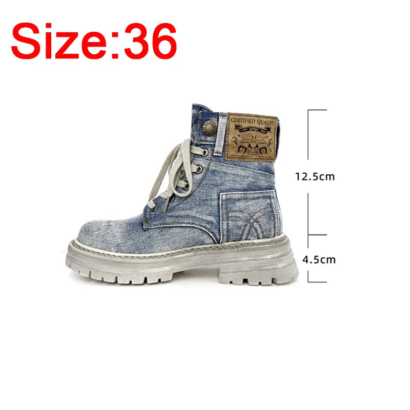 Retro Ankle Boots for Women's Lace Up Thick Sole Shoes Western Denim