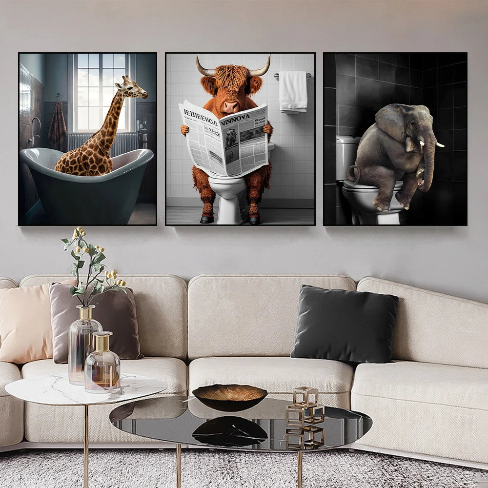 Funny Animal in Bathroom Poster Cow Giraffe Elephant Orangutan Zebra Sitting in Bathtub Canvas Painting Toilet Wall Art Pictures - myfunfarm
