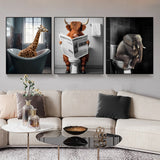 Funny Animal in Bathroom Poster Cow Giraffe Elephant Orangutan Zebra Sitting in Bathtub Canvas Painting Toilet Wall Art Pictures