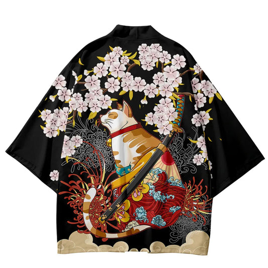 Japanese Kimono Yukata Samurai Kimono Man Cat Print - myfunfarm