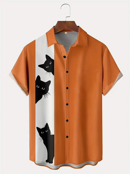 Black Cat Print Men Hawaiian Shirt - myfunfarm