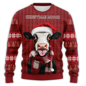 Santa Hat Cute Cow Printed Ugly Christmas Sweater