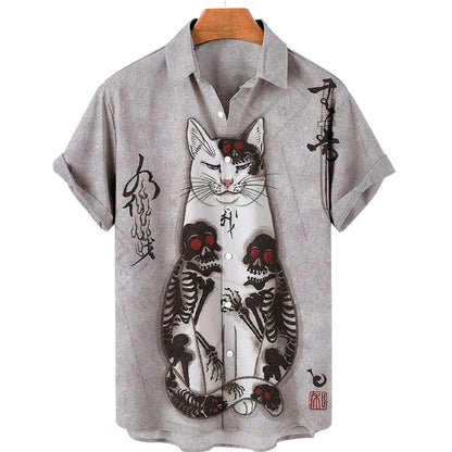 Hawaiian Shirts Japanese Art style Cat print - myfunfarm